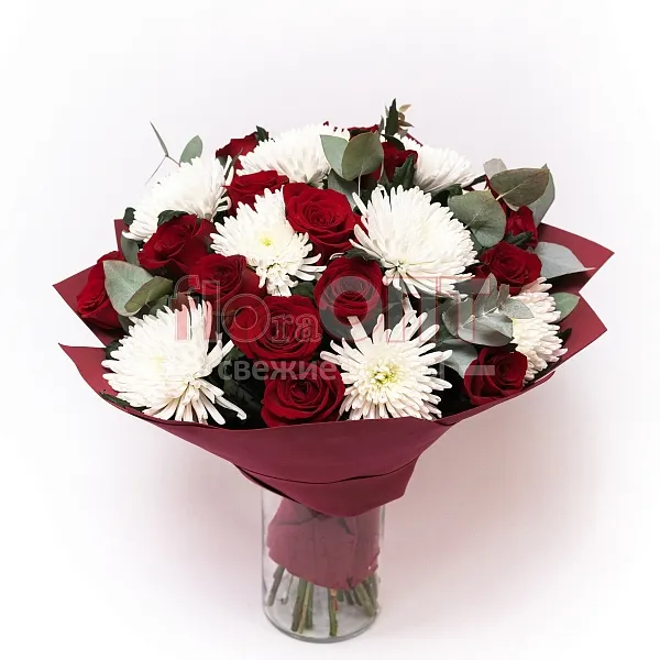 Букет № 447 с белой хризантемой и розами  — фото 1