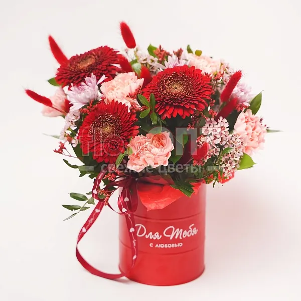 Композиция № 57 красная с герберами и гвоздикой  — фото 1