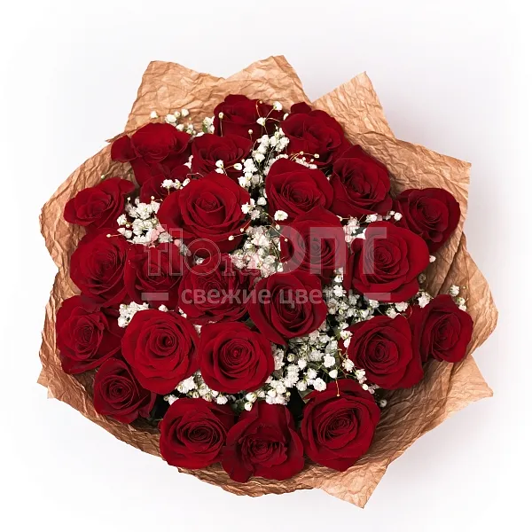 Букет с красными розами и гипсофилой в Новосибирске — фото 2