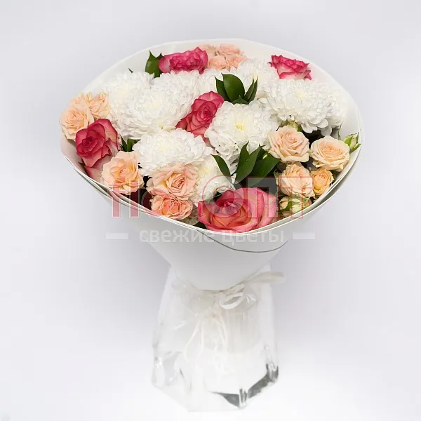 Букет № 513 с белой хризантемой и розой  — фото 1