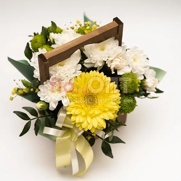 Композиция № 180 в деревянном ящике с герберой  — фото 1
