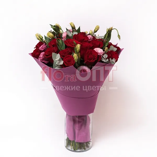 Букет № 445 с красными розами и эустомой  — фото 1