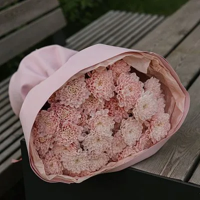 Букет Зефирка №15 из розовых крашеных хризантем — фото 7