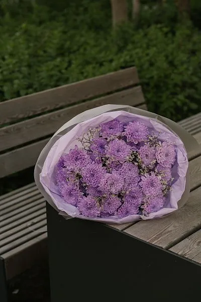 Букет Зефирка №16 из сиреневых крашеных хризантем — фото 1